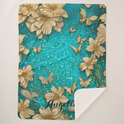 Couverture Sherpa Papillons sarcelle Faux paillettes dorées Nom pers (Devant)