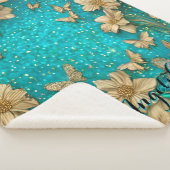 Couverture Sherpa Papillons sarcelle Faux paillettes dorées Nom pers (3/4)