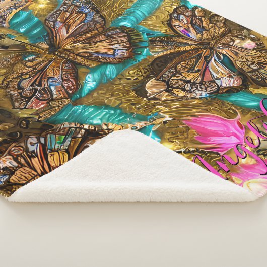 Couverture Sherpa Papillons turquoises et Gold Nom personnalisé (3/4)