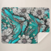 Couverture Sherpa Papillons Turquoises floraux en argent Nom personn (Devant (Horizontal))
