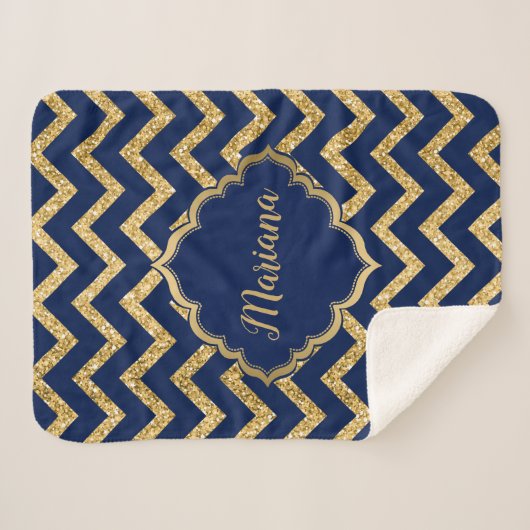 Couverture Sherpa Parties scintillant d'or Blue Chevron Zigzag Motif (Devant (Horizontal))