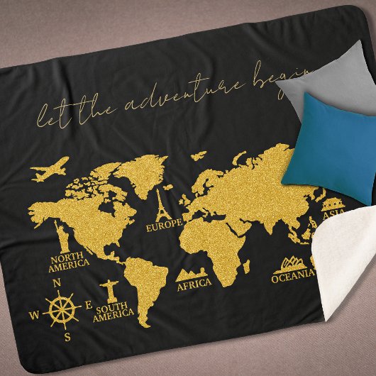 Couverture Sherpa Parties scintillant d'or Carte du monde sur Black