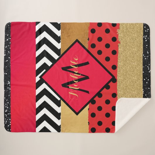 Couverture Sherpa Parties scintillant rouge Noir Brush Stroke Monogr (Devant (Horizontal))