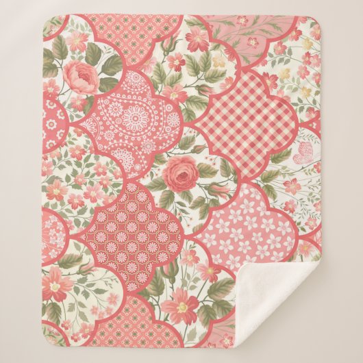Couverture Sherpa Pastel Rose Motif à patchwork floral (Devant)