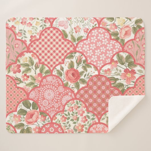 Couverture Sherpa Pastel Rose Motif à patchwork floral (Devant (Horizontal))