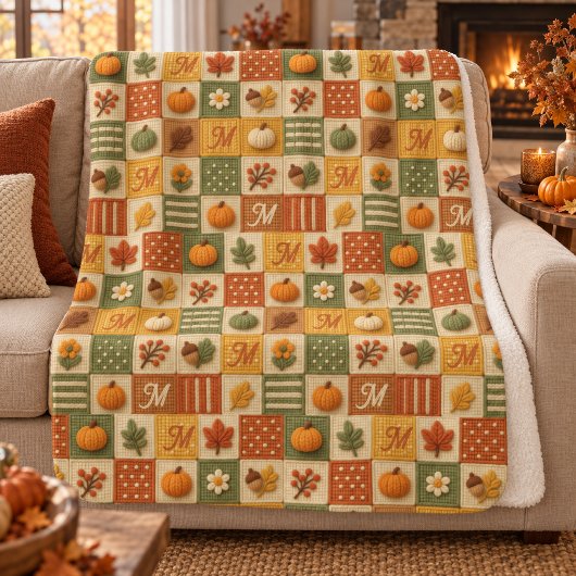 Couverture Sherpa Patchwork Automnal Rustique Citrouille Monogramme
