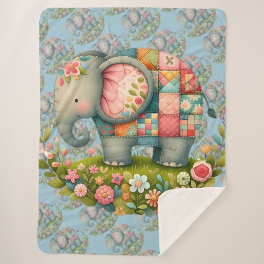 Couverture Sherpa Patchwork Elephant Floral Meadow Charm (Devant)