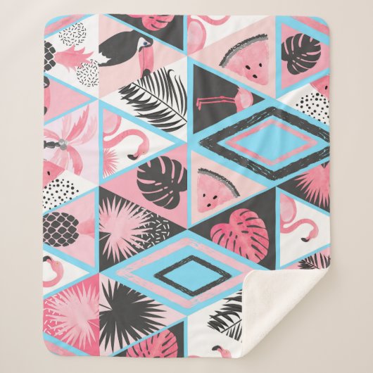 Couverture Sherpa Patchwork flamingo tropical, motif de palmier. (Devant)