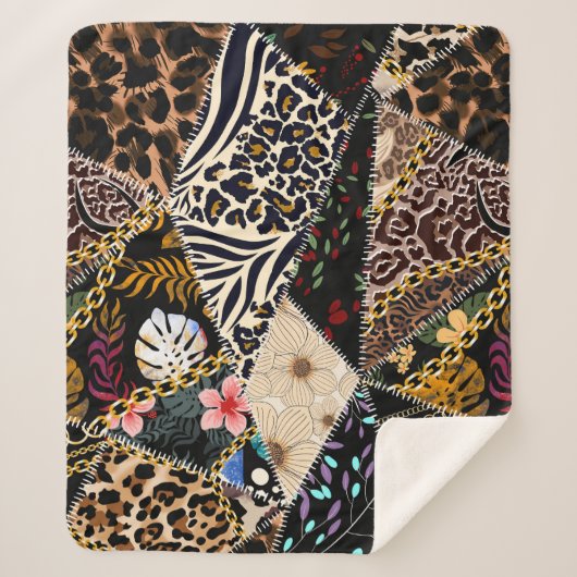 Couverture Sherpa Patchwork Leopard : Ethnic Lining Design. (Devant)