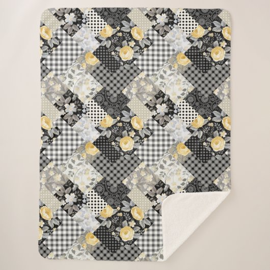 Couverture Sherpa Patchwork Motif avec rayures et roses jaunes (Devant)
