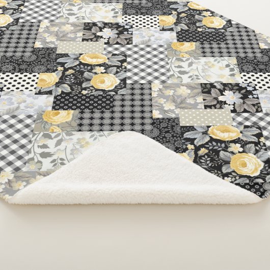 Couverture Sherpa Patchwork Motif avec rayures et roses jaunes (3/4)