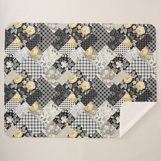 Couverture Sherpa Patchwork Motif avec rayures et roses jaunes (Devant (Horizontal))