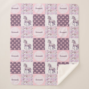 Couverture Sherpa Patchwork rose violet Coeurs Unicorne Nom personna