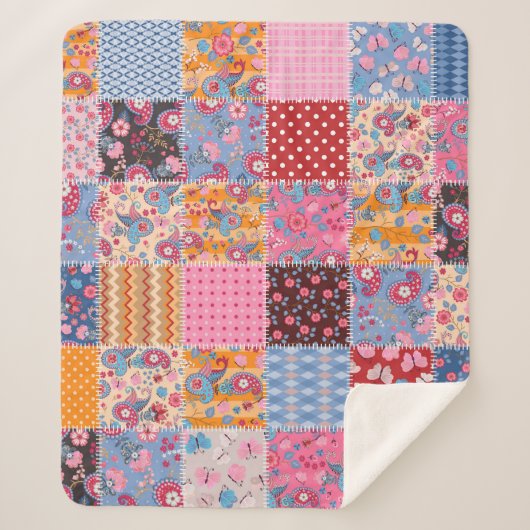 Couverture Sherpa Patchwork sans couture, motif en tissu mignon. (Devant)
