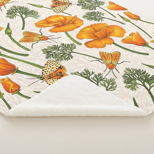 Couverture Sherpa Pavot de Californie et papillons de nuit sur blanc (3/4)