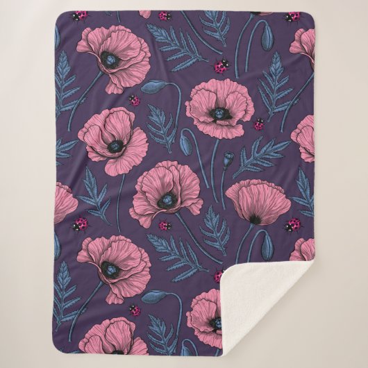 Couverture Sherpa Pavot rose sur violet foncé (Devant)