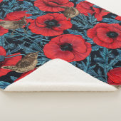 Couverture Sherpa Pavot rouge et brunes, feuilles bleus sur noir (3/4)