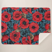 Couverture Sherpa Pavot rouge et brunes, feuilles bleus sur noir (Devant (Horizontal))