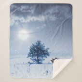 Couverture Sherpa Paysage d'hiver de couleur bleue. Arbre solitaire (Devant)