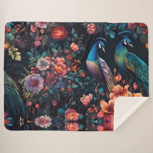 Couverture Sherpa Peacock Garden Wallpaper Art (Devant (Horizontal))