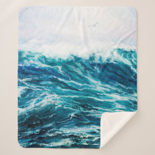 Couverture Sherpa peinture à l'huile montrant les vagues de l'océan