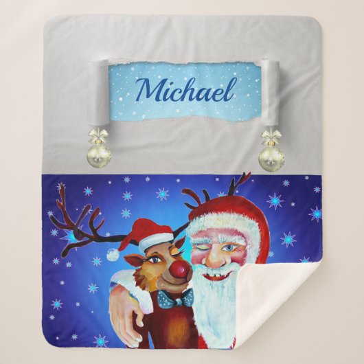 Couverture Sherpa Peinture avec Roudolf souriant et Père Noël (Devant)