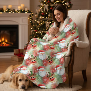 Couverture Sherpa Père Noël capricieux et motif de rennes de Noël