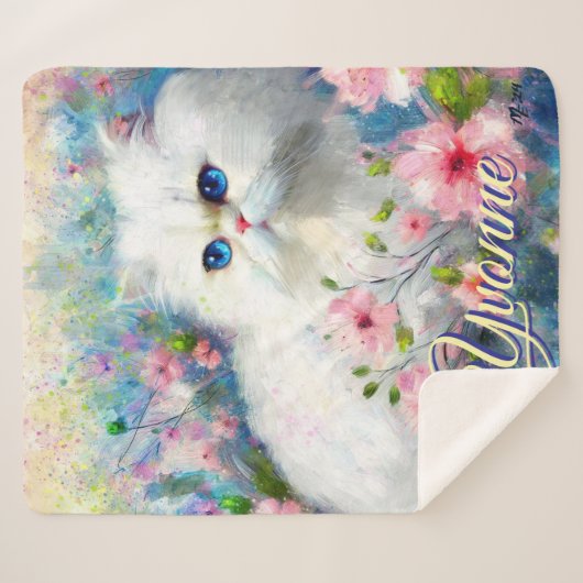 Couverture Sherpa Persian Cat Blue Eyes in Pink Flowers Personalized (Devant (Horizontal))