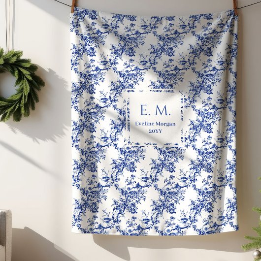 Couverture Sherpa Personalized French Toile Floral Blue Blanket Gift