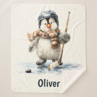 Couverture Sherpa Personalized Winter Penguin Hockey Kid