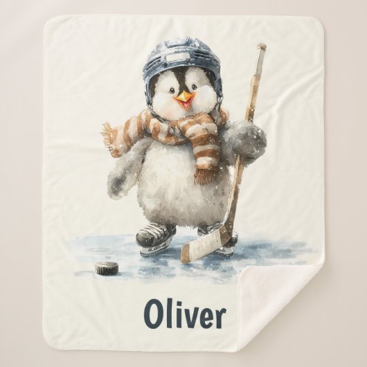 Couverture Sherpa Personalized Winter Penguin Hockey Kid (Devant)