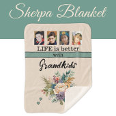 Couverture Sherpa Personnalisé 4 photos petits-enfants fleurs vert