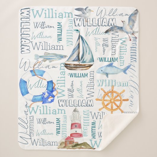 Couverture Sherpa Personnalisé nom garçons nautique voile marine (Devant)