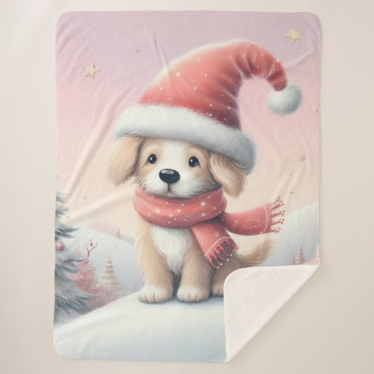 Couverture Sherpa Petit chiot de Noël en chapeau santa (Devant)