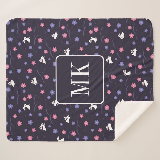 Couverture Sherpa Petit lapin Lapin Motif Monogramme Initiales viole (Devant (Horizontal))