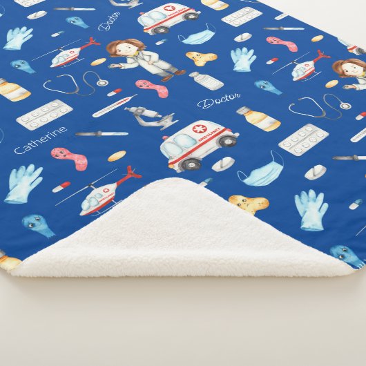 Couverture Sherpa Petite fille docteur Motif Médicale avec nom, bleu (3/4)