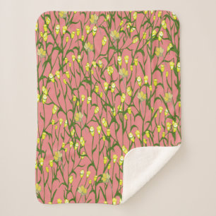 Couverture Sherpa Petites fleurs et branches jaunes sur fond rose