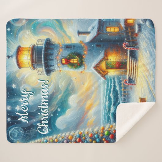 Couverture Sherpa Phare de Noël Arbre Nautique Bleu Côtier (Devant (Horizontal))