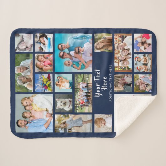 Couverture Sherpa Photo Collage 19 Photos Brush Script Navy Blue (Devant (Horizontal))