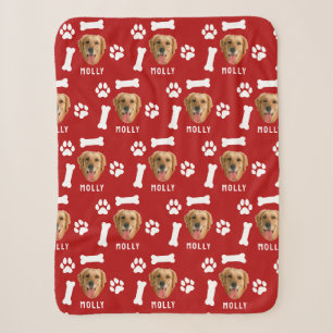 Couverture Sherpa Photo de chien personnalisé & nom rouge