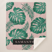 Couverture Sherpa Pink & Green Palm Feuille Motif & nom (Devant)
