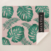 Couverture Sherpa Pink & Green Palm Feuille Motif & nom (Devant (Horizontal))
