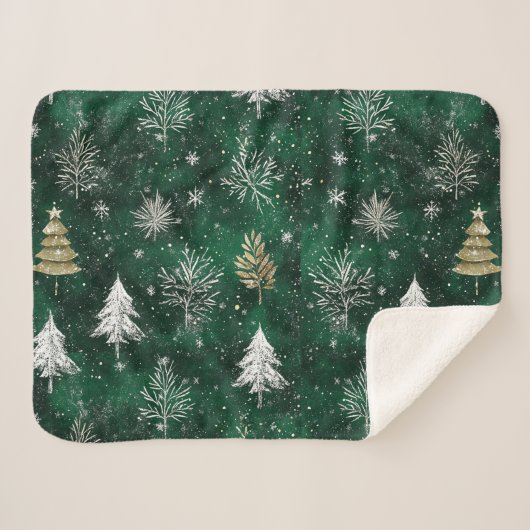 Couverture Sherpa Pins d'or Silver Snowflakes Hunter Green (Devant (Horizontal))
