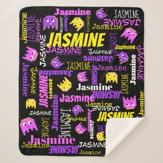 Couverture Sherpa Pixel jeu rose jaune noir nom filles (Devant)