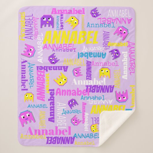 Couverture Sherpa Pixel jeu rose violet jaune nom filles (Devant)