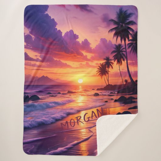 Couverture Sherpa Plage de coucher de soleil tropicale customisée - (Devant)