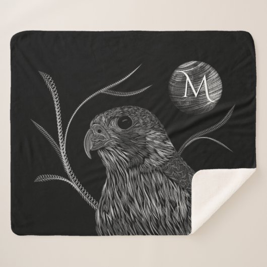 Couverture Sherpa Pleine lune de faucon Monogramme noir (Devant (Horizontal))