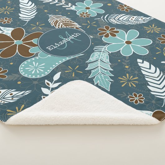Couverture Sherpa plume fleurie Boho marron turquoise turquoise (3/4)