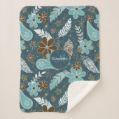 Couverture Sherpa plume fleurie Boho marron turquoise turquoise (Devant)