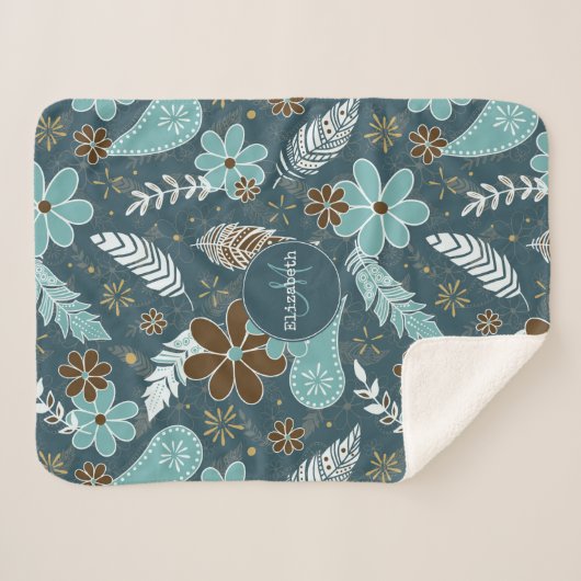 Couverture Sherpa plume fleurie Boho marron turquoise turquoise (Devant (Horizontal))